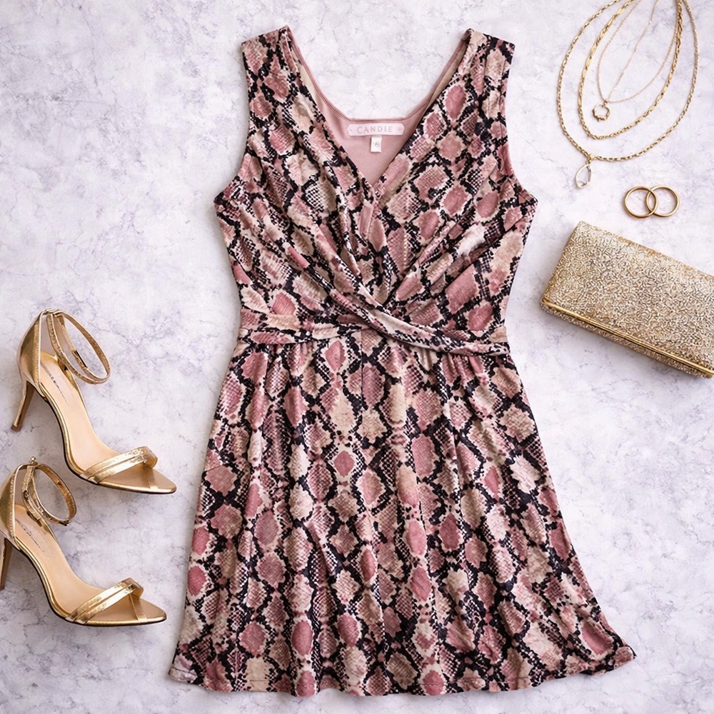 Candie’s Python Print Twist Front Dress XL Pink Snake Fit & Flare V Neck Stretch